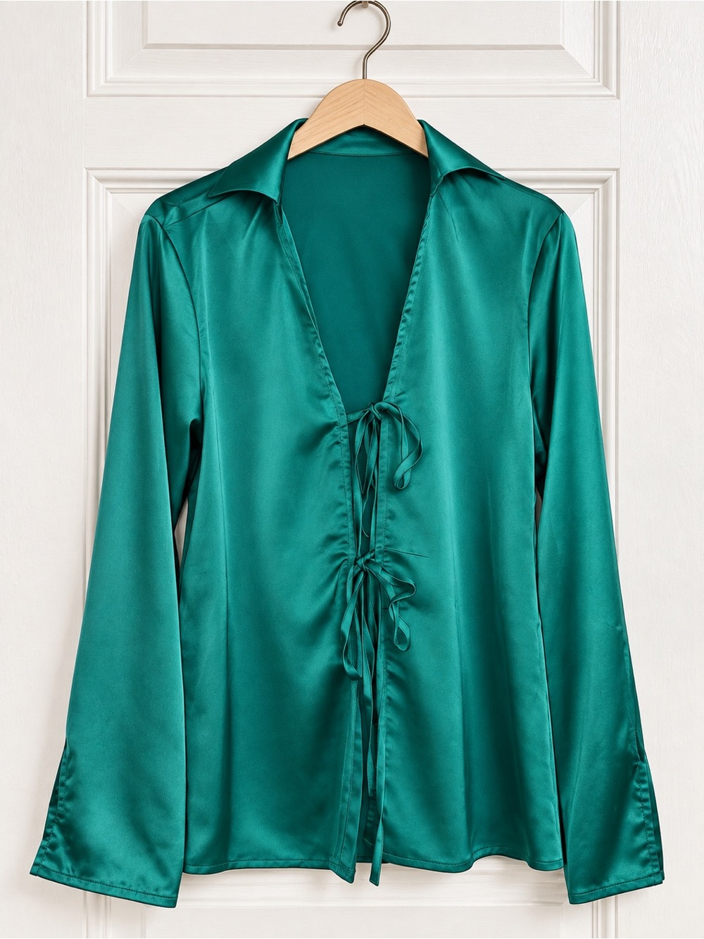 Amazon Emerald Green Satin Tie-Front Blouse